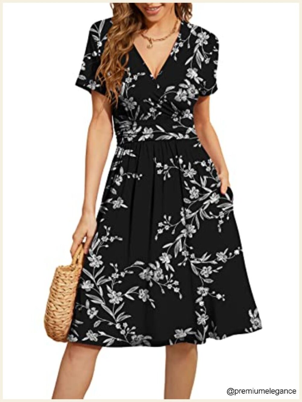 Women's V-Neck Floral Swing Dress with Pockets Short Sleeve Casual Summerwear